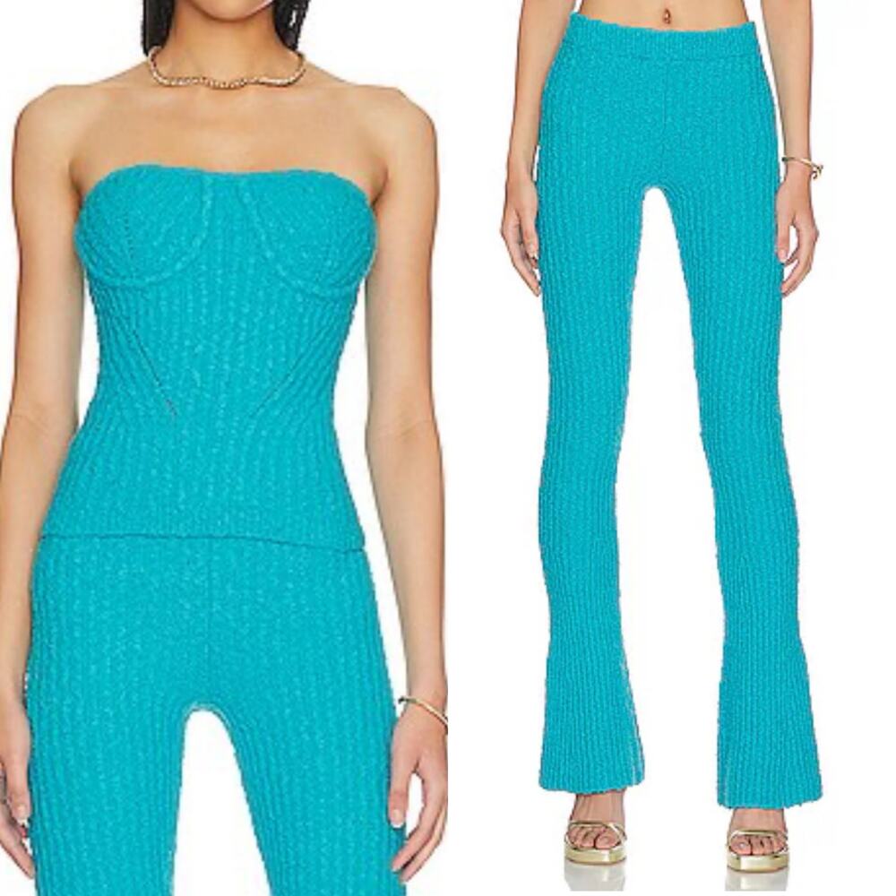 NBD Tara Boucle Matching Set Blue Strapless Fitted Flare Leg Knit Textured Small